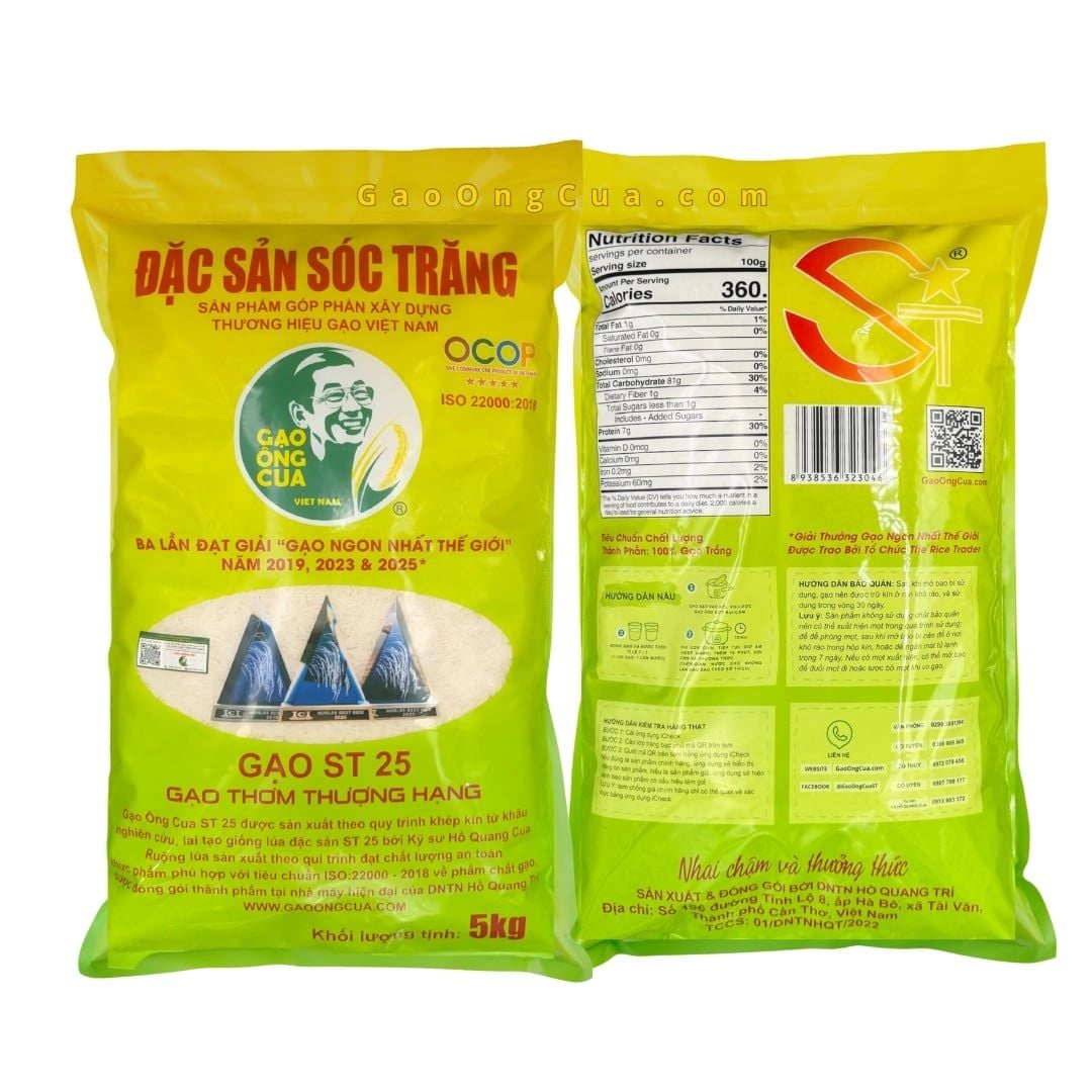 Mặt trước và sau túi Gạo Ông Cua ST25, có vị trí tem và thông tin bao bì